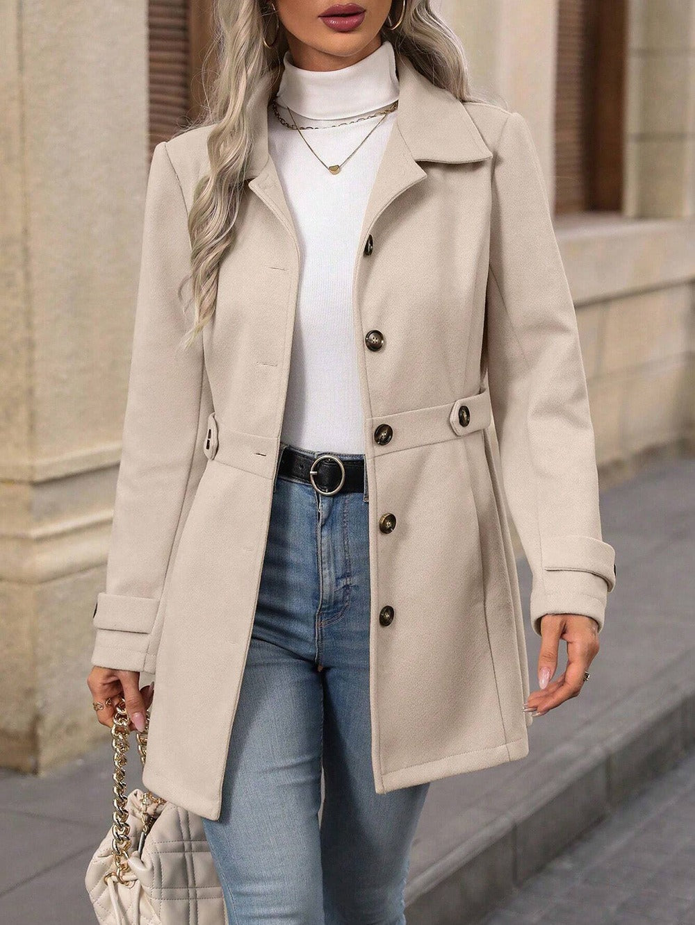 Millie | Wool Blend Mid Length Coat with Button Front
