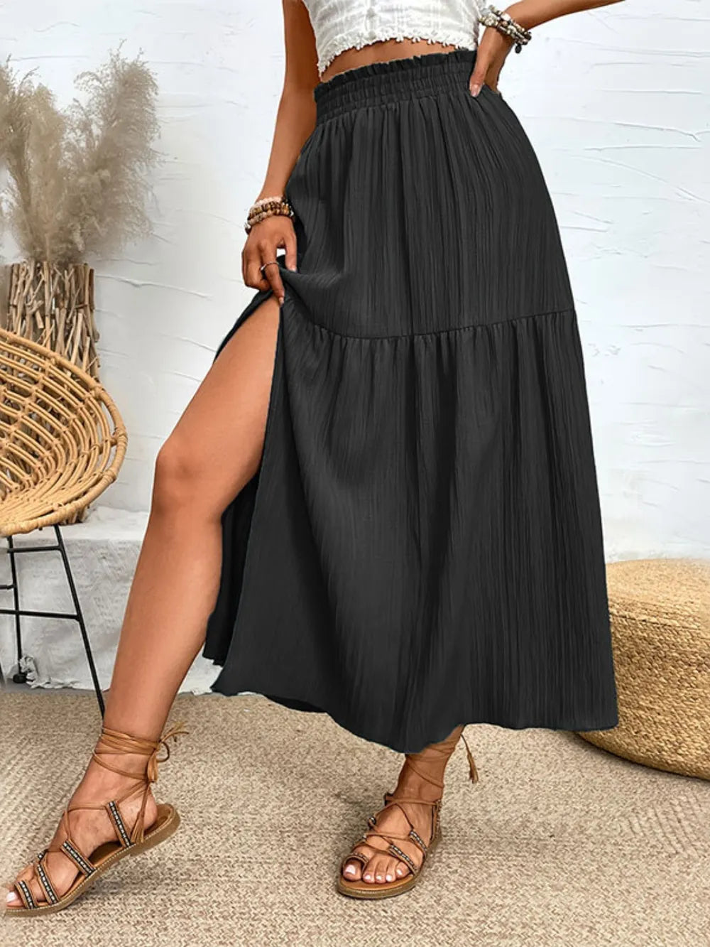 Lila | Tiered High Slit Midi Skirt