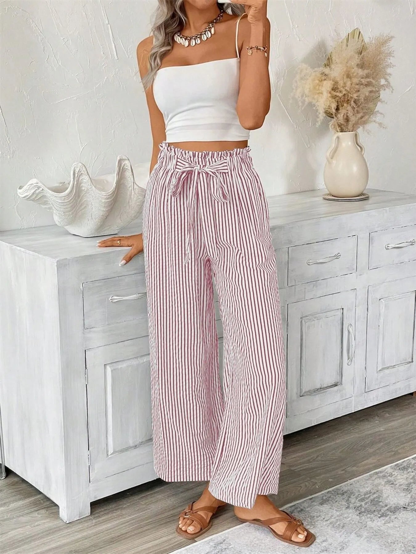 Charlotte | Striped Paperbag Waist Wide Leg Trousers