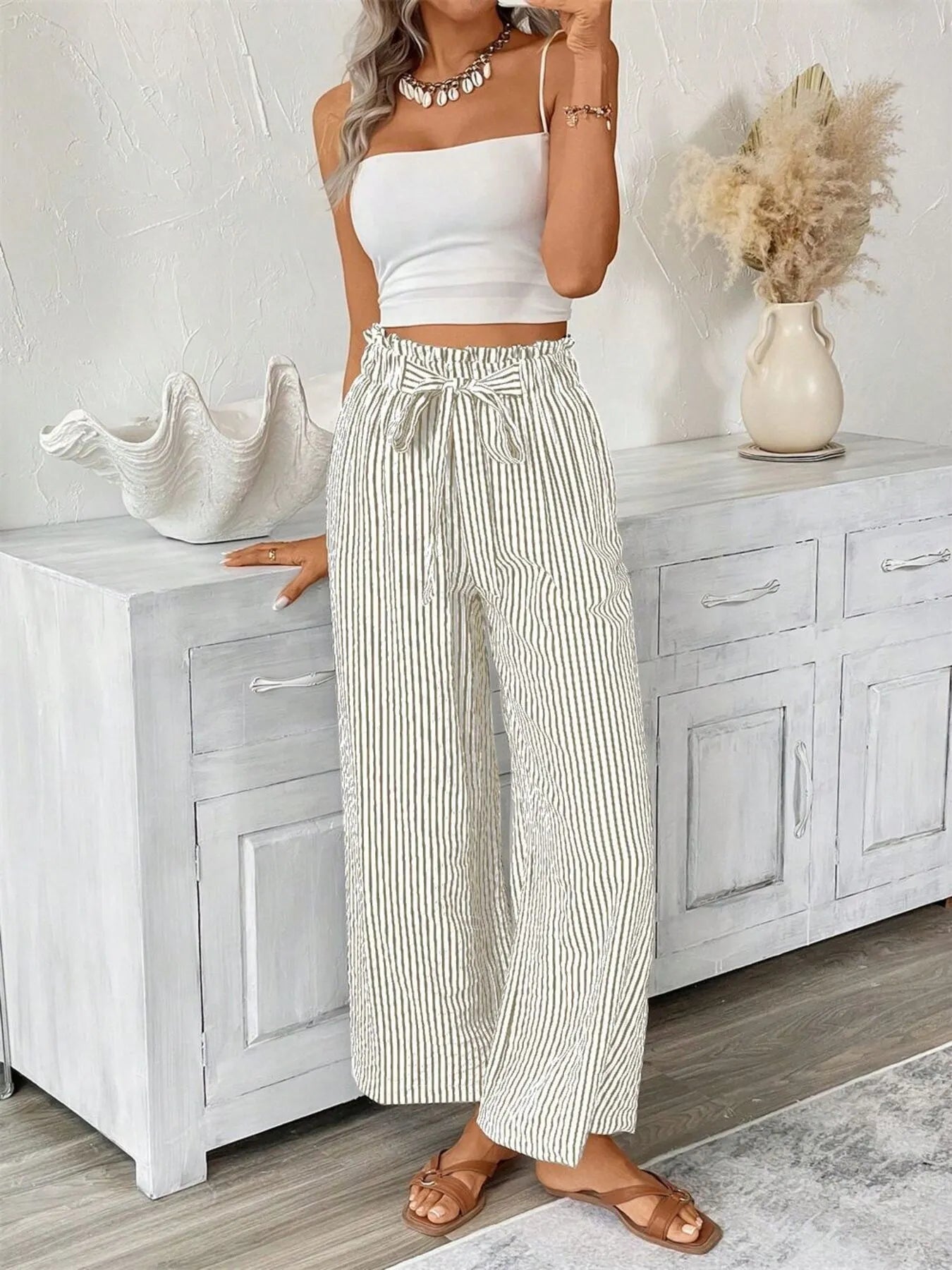 Charlotte | Striped Paperbag Waist Wide Leg Trousers