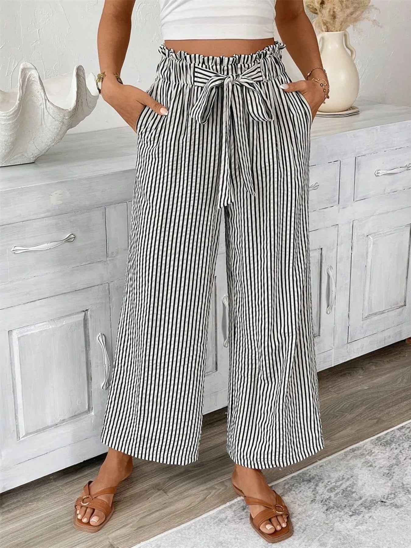 Charlotte | Striped Paperbag Waist Wide Leg Trousers