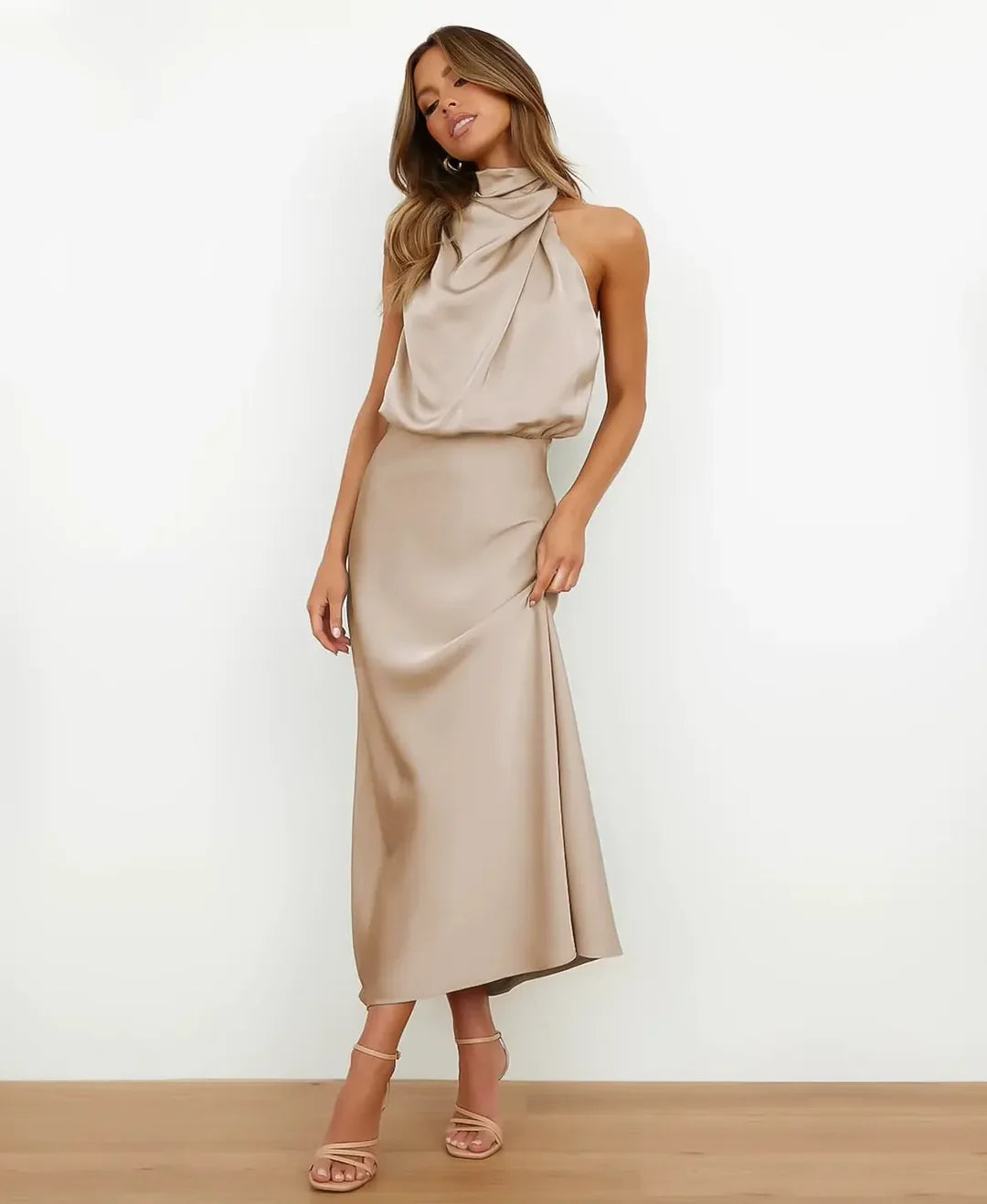 Lillian | Draped Halter Satin Wedding Guest Dress