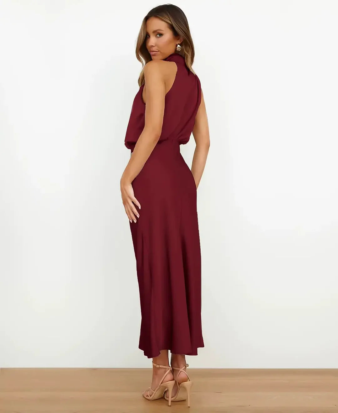 Lillian | Draped Halter Satin Wedding Guest Dress
