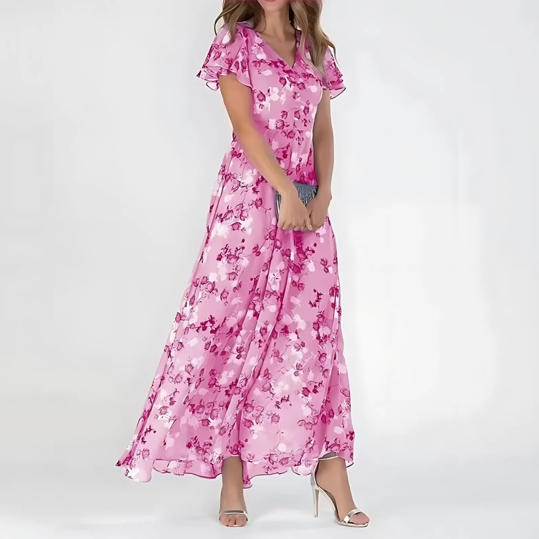 Penelope | Floral Chiffon Flutter Sleeve Wedding Guest Dress
