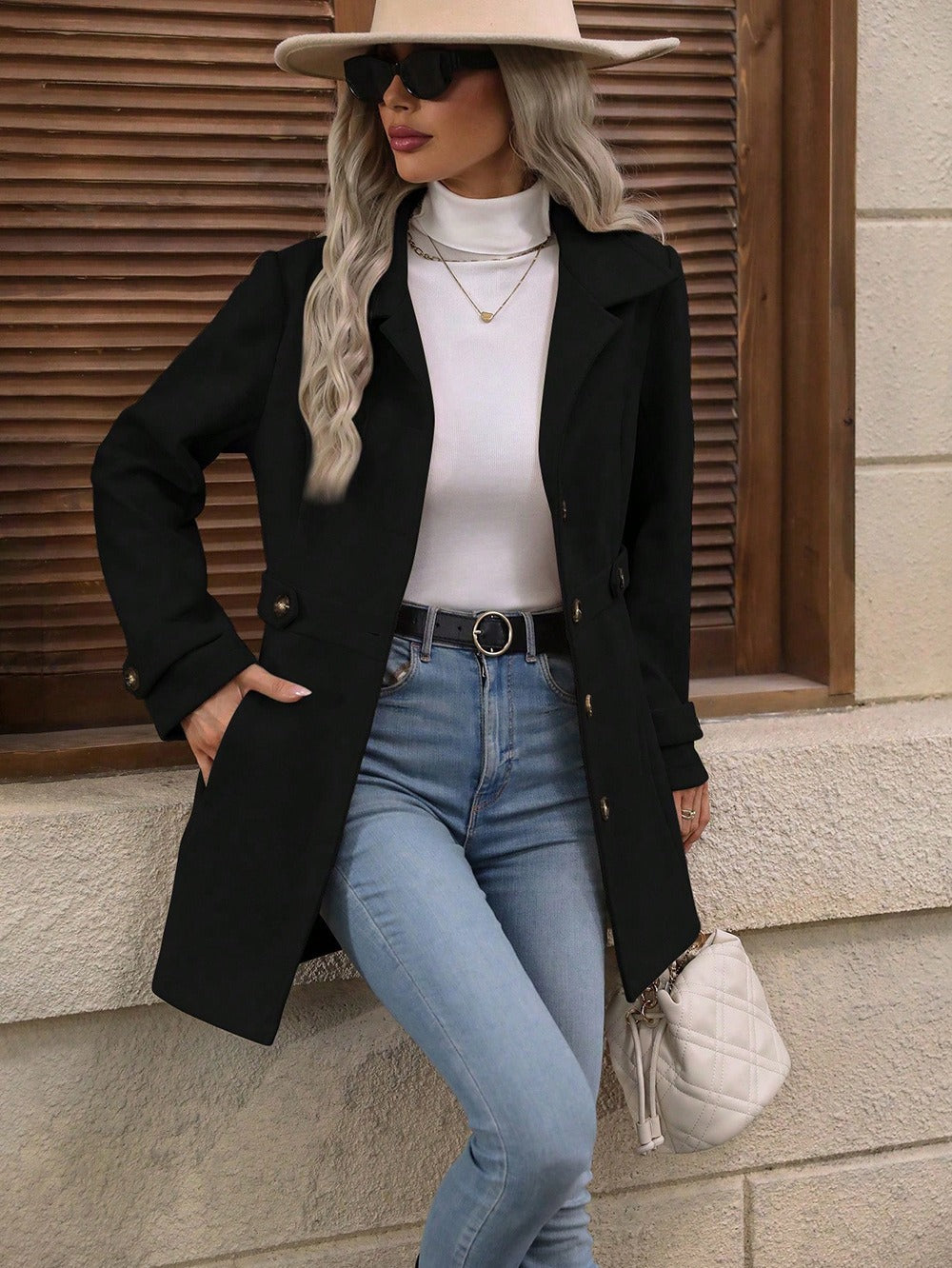 Millie | Wool Blend Mid Length Coat with Button Front