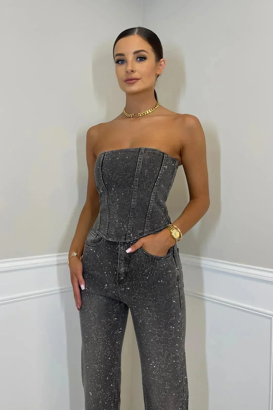Stella | Glitter High-Waist Trouser Set with Shimmering Top