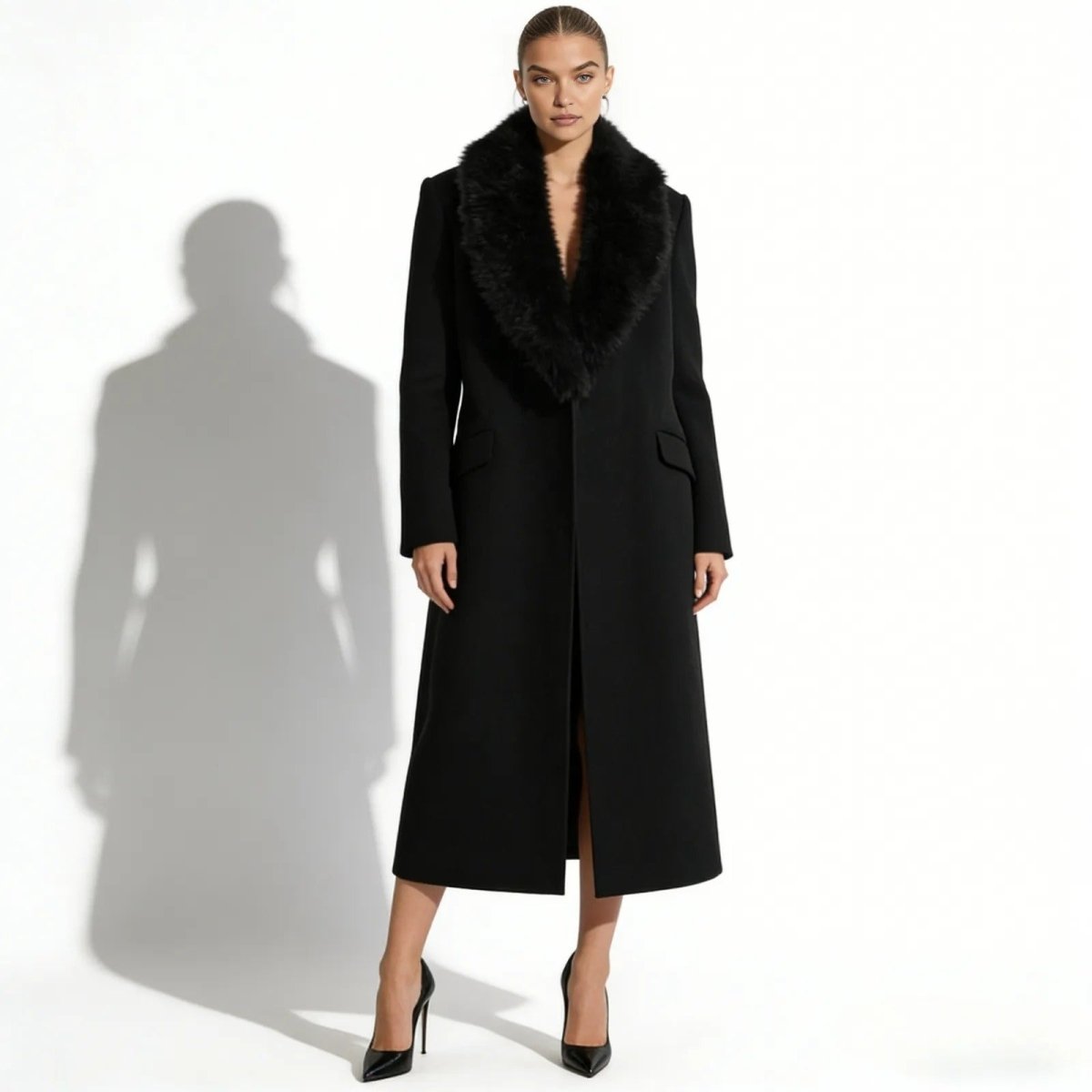Harriet | Long Wool Coat Faux Fur Collar Belted