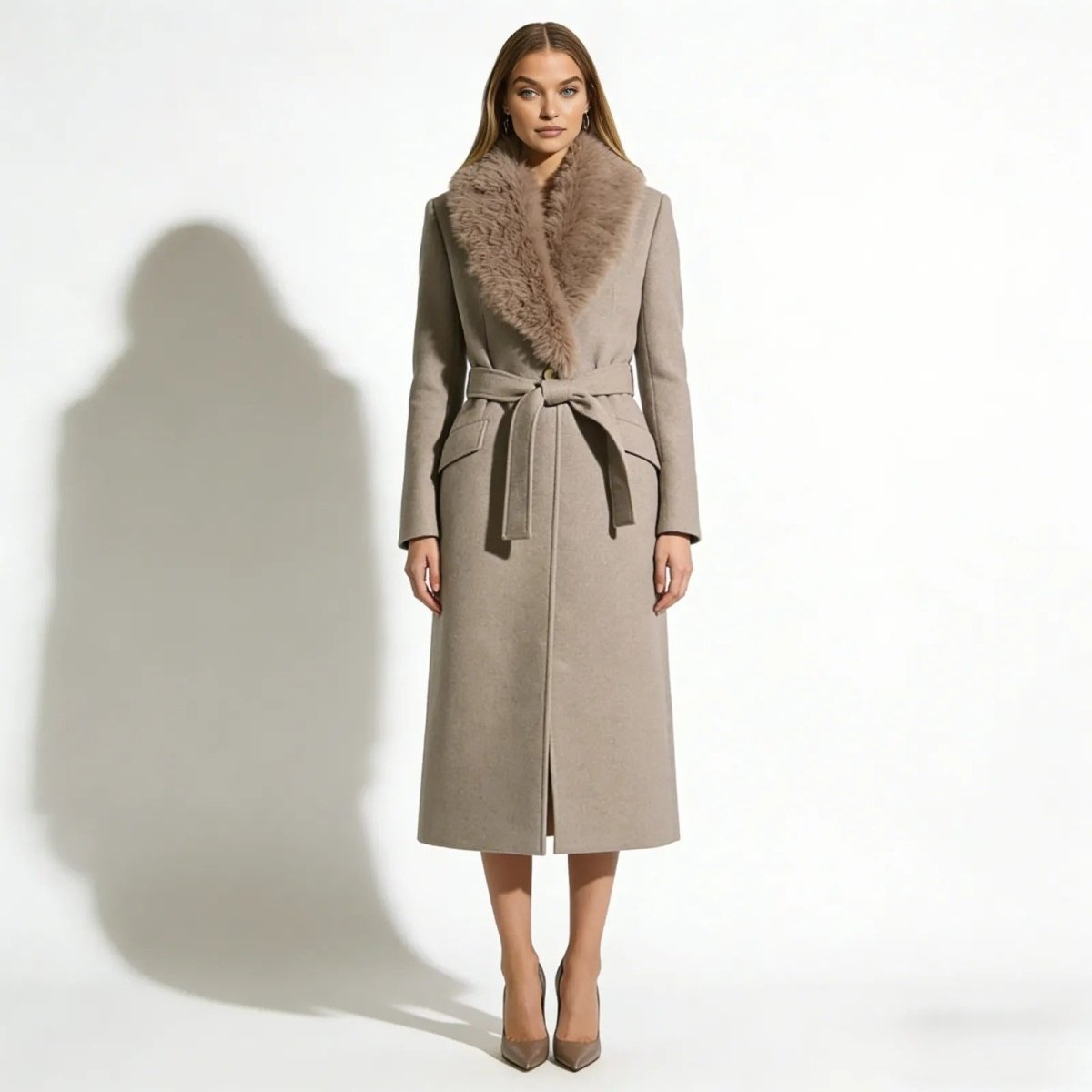 Harriet | Long Wool Coat Faux Fur Collar Belted