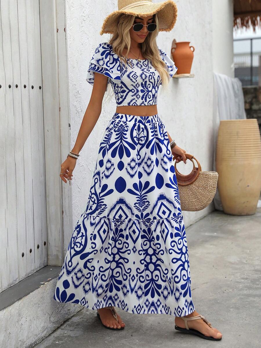 Aria | Floral Two-Piece Set with Crop Top and Long Ruffle Skirt