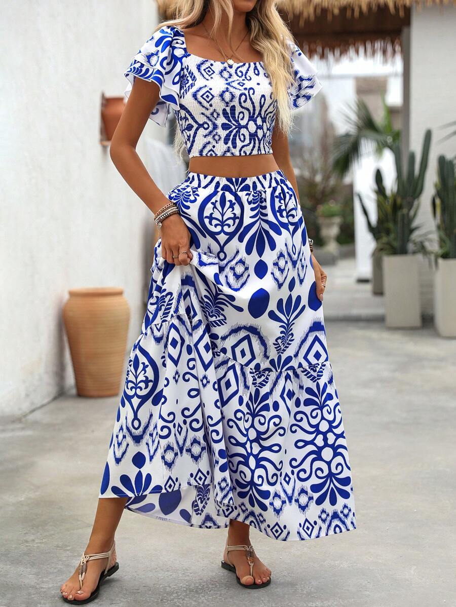 Aria | Floral Two-Piece Set with Crop Top and Long Ruffle Skirt
