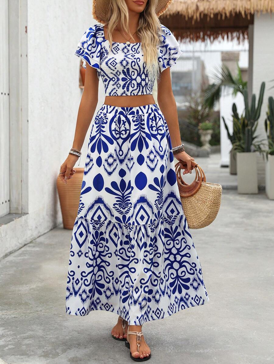 Aria | Floral Two-Piece Set with Crop Top and Long Ruffle Skirt