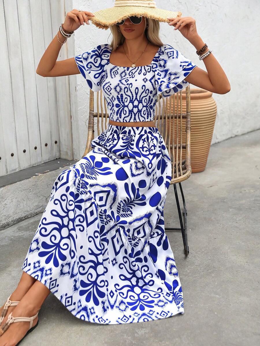 Aria | Floral Two-Piece Set with Crop Top and Long Ruffle Skirt
