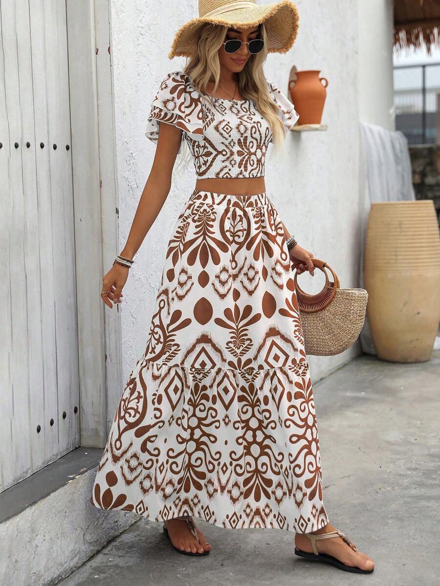 Aria | Floral Two-Piece Set with Crop Top and Long Ruffle Skirt