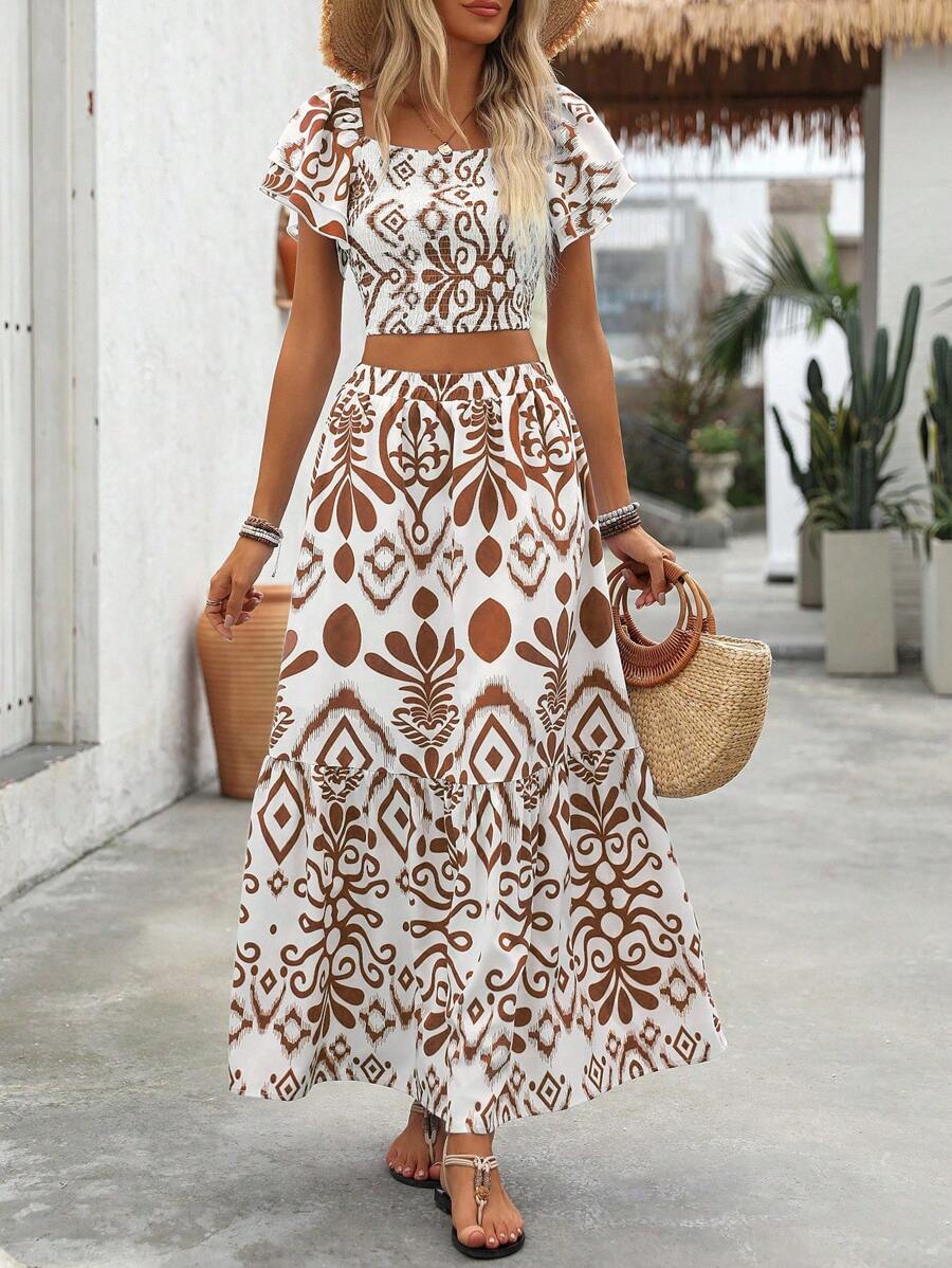 Aria | Floral Two-Piece Set with Crop Top and Long Ruffle Skirt