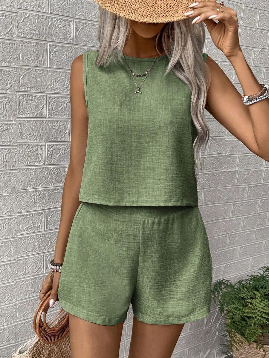 Nora | Solid Button Tank Top & Shorts Two-Piece Set