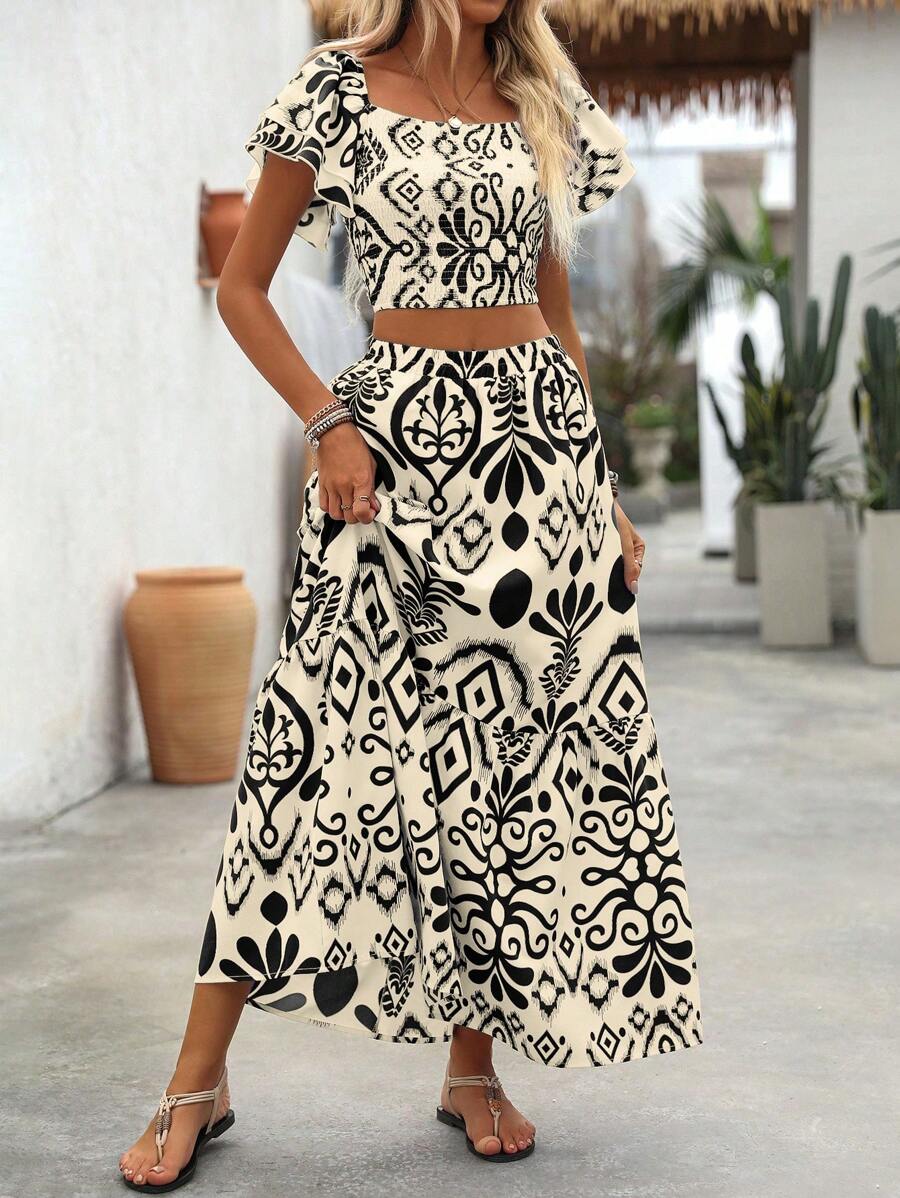 Aria | Floral Two-Piece Set with Crop Top and Long Ruffle Skirt
