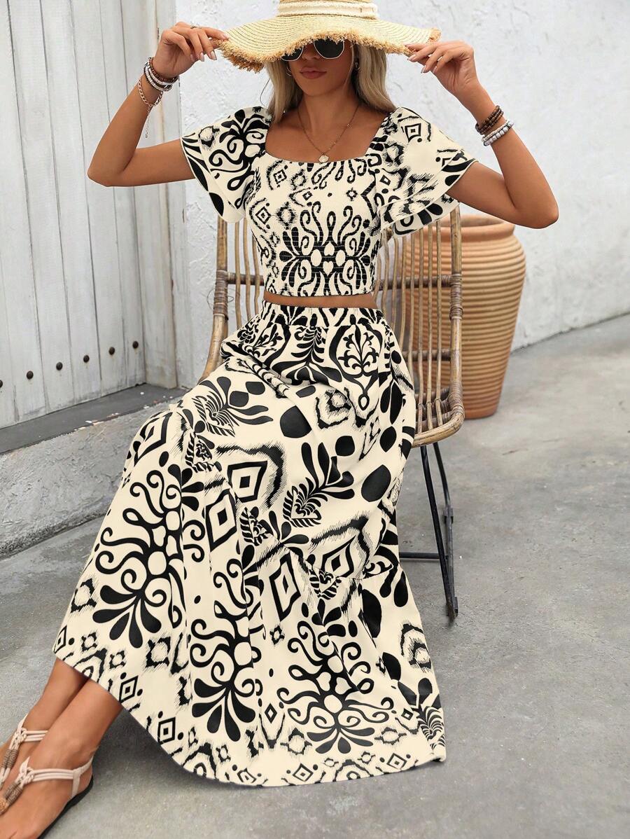 Aria | Floral Two-Piece Set with Crop Top and Long Ruffle Skirt