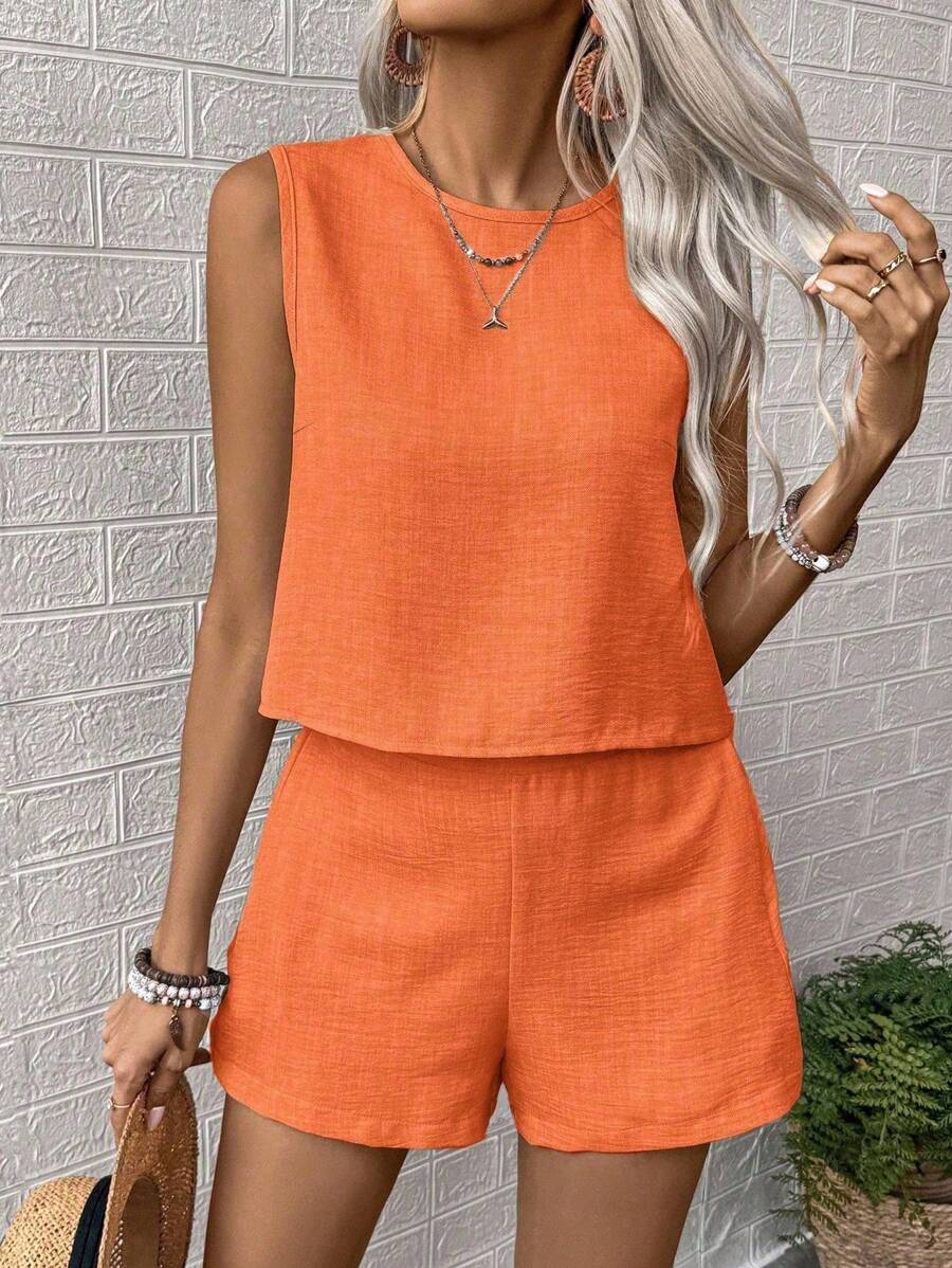 Nora | Solid Button Tank Top & Shorts Two-Piece Set