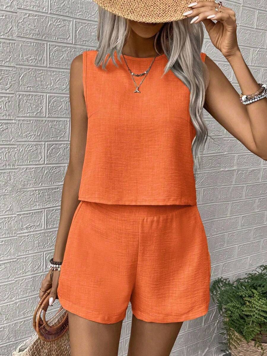 Nora | Solid Button Tank Top & Shorts Two-Piece Set