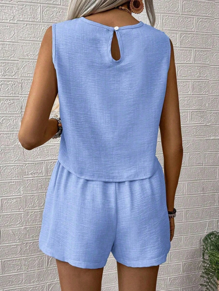Nora | Solid Button Tank Top & Shorts Two-Piece Set