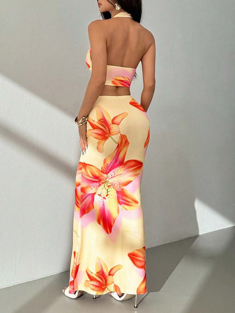 pink floral halter dress Zara