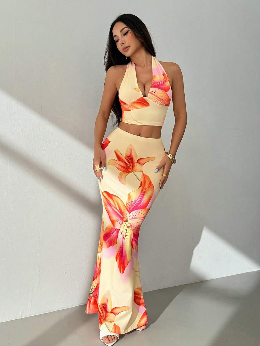 Ella | Tropical Floral Halter Crop Top & Maxi Skirt Two-Piece Set