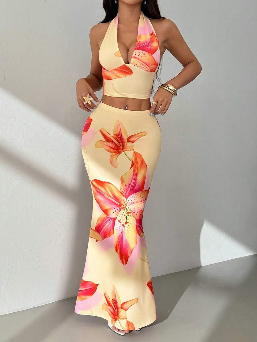 Ella | Tropical Floral Halter Crop Top & Maxi Skirt Two-Piece Set