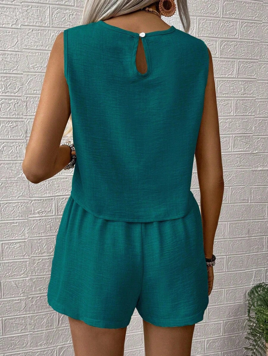 Nora | Solid Button Tank Top & Shorts Two-Piece Set
