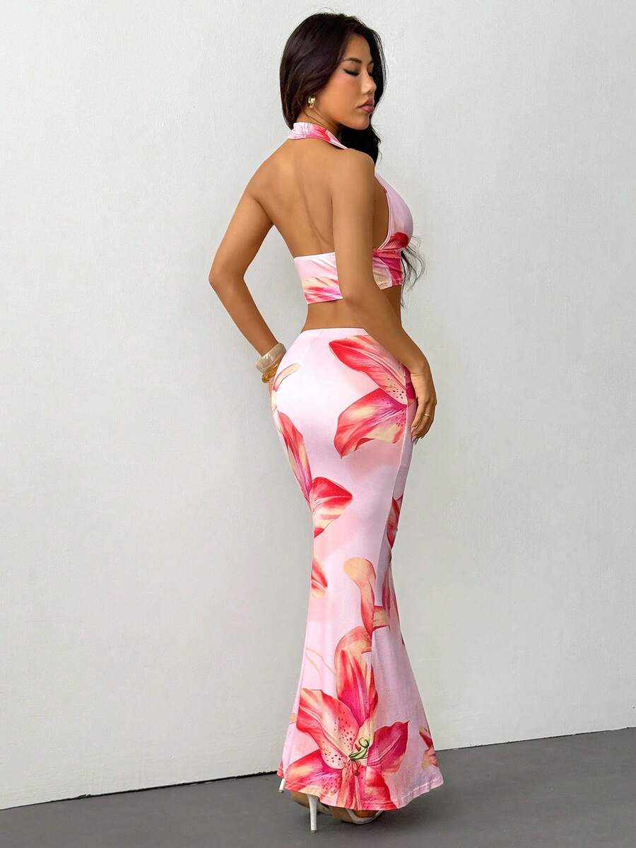 Ella | Tropical Floral Halter Crop Top & Maxi Skirt Two-Piece Set
