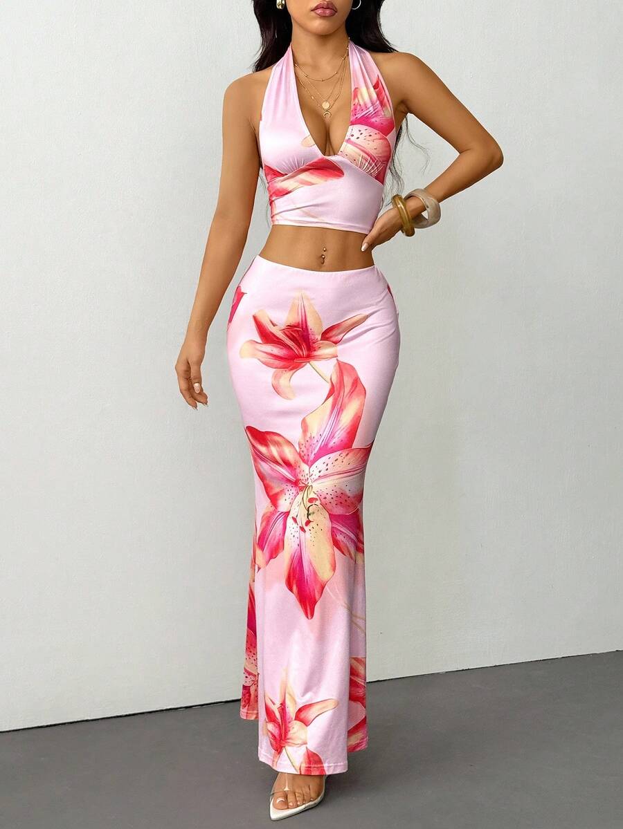 Ella | Tropical Floral Halter Crop Top & Maxi Skirt Two-Piece Set
