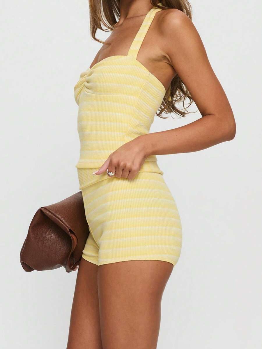 Mia | Striped Halter Crop Top & Mini Shorts Two-Piece Set
