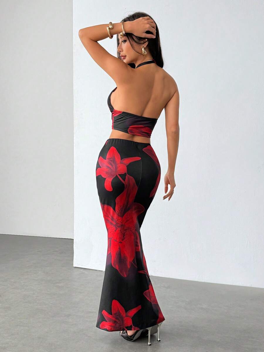 Ella | Tropical Floral Halter Crop Top & Maxi Skirt Two-Piece Set