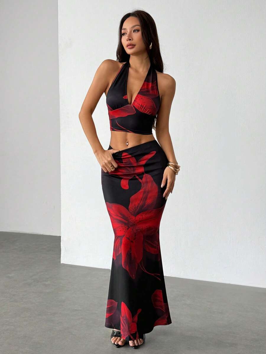 Ella | Tropical Floral Halter Crop Top & Maxi Skirt Two-Piece Set