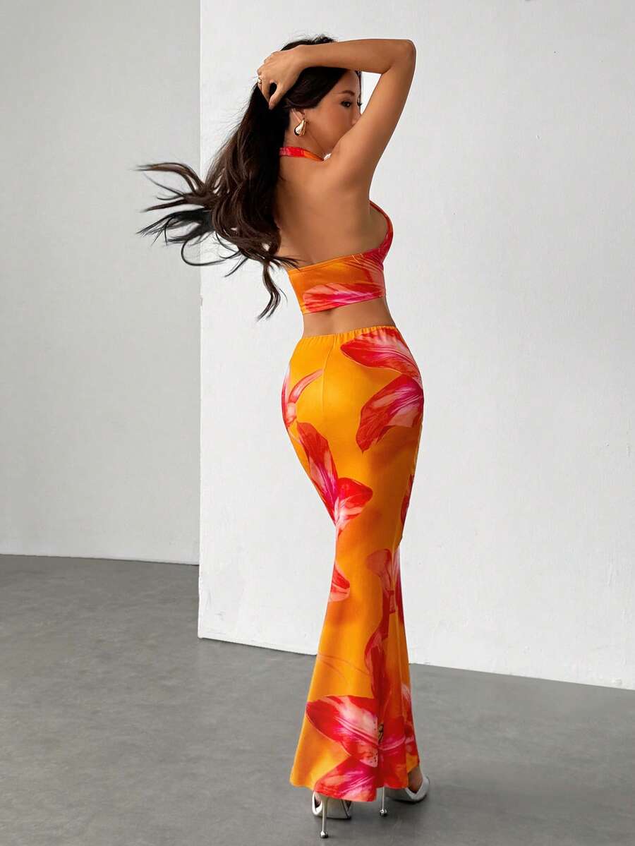 Ella | Tropical Floral Halter Crop Top & Maxi Skirt Two-Piece Set