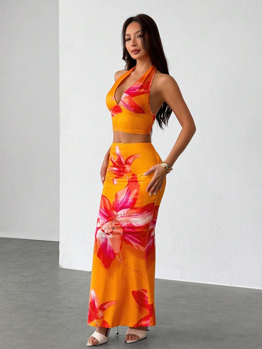 Ella | Tropical Floral Halter Crop Top & Maxi Skirt Two-Piece Set