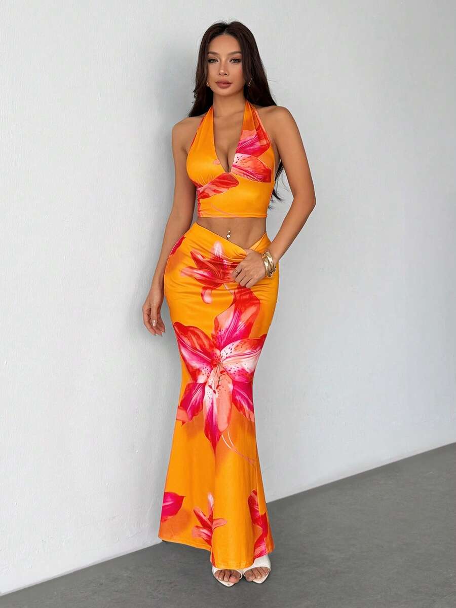 Ella | Tropical Floral Halter Crop Top & Maxi Skirt Two-Piece Set