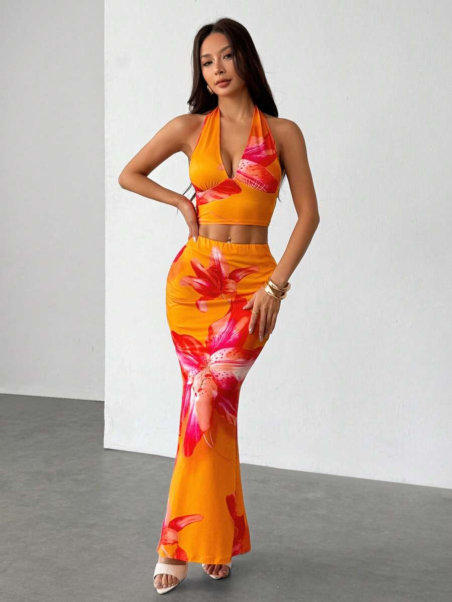 Ella | Tropical Floral Halter Crop Top & Maxi Skirt Two-Piece Set