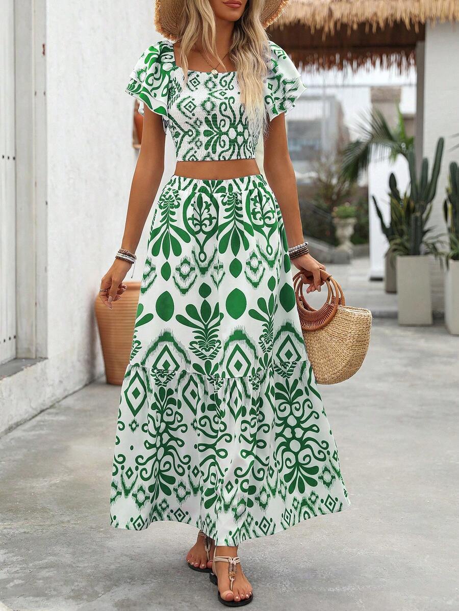 Aria | Floral Two-Piece Set with Crop Top and Long Ruffle Skirt