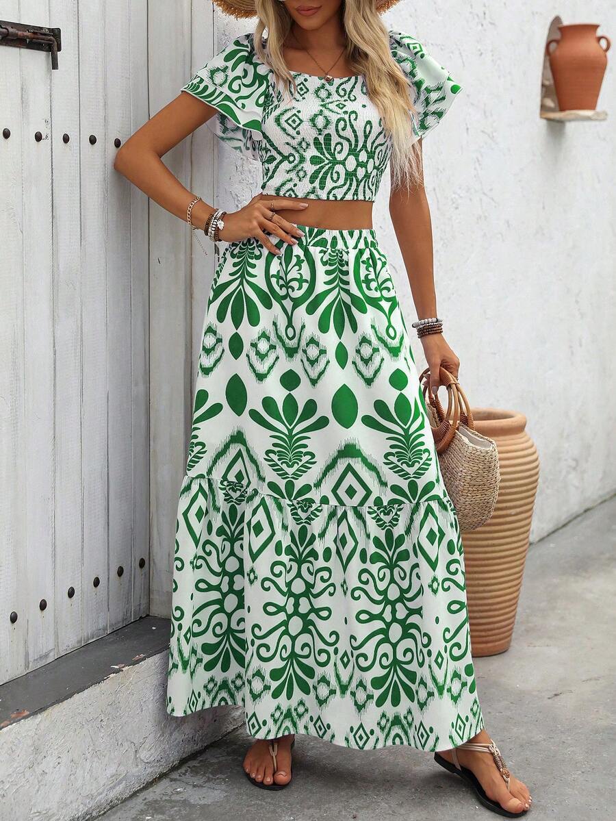 Aria | Floral Two-Piece Set with Crop Top and Long Ruffle Skirt