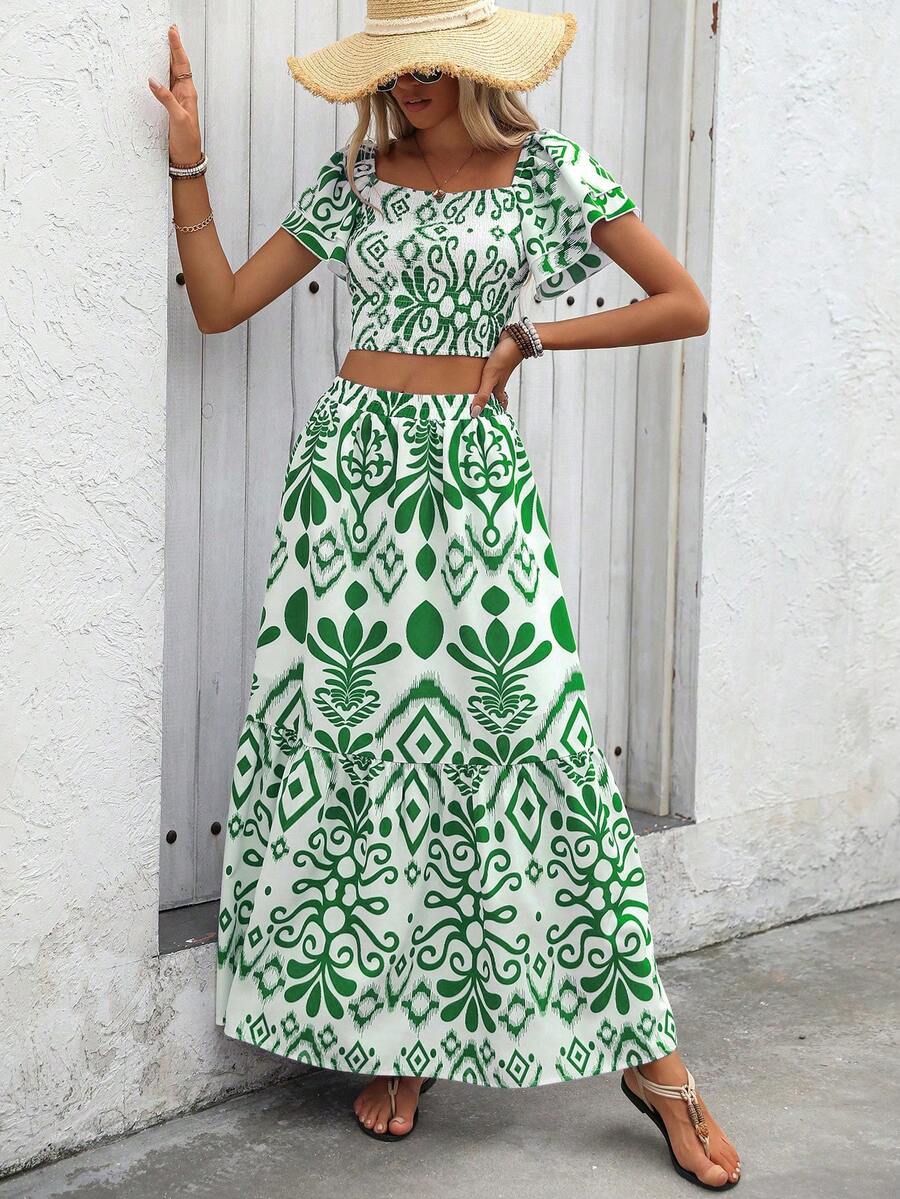 Aria | Floral Two-Piece Set with Crop Top and Long Ruffle Skirt