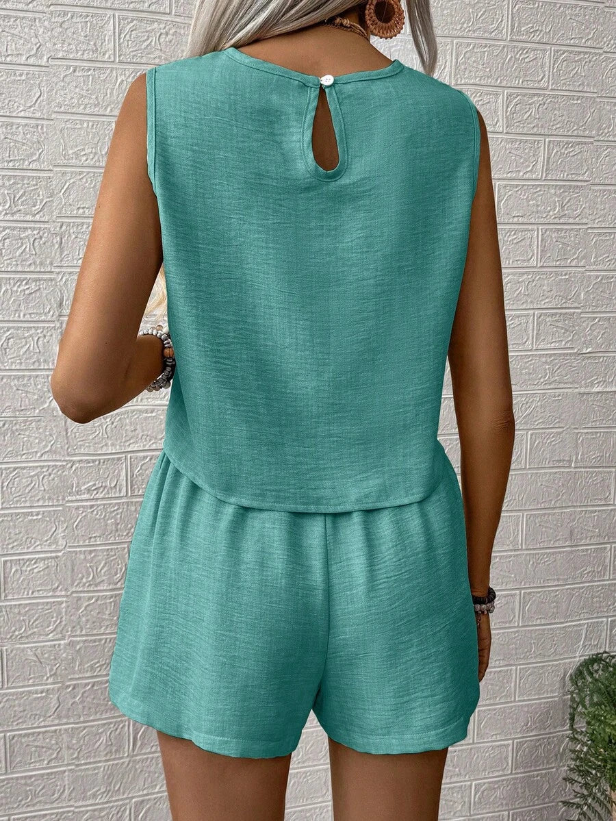 Nora | Solid Button Tank Top & Shorts Two-Piece Set