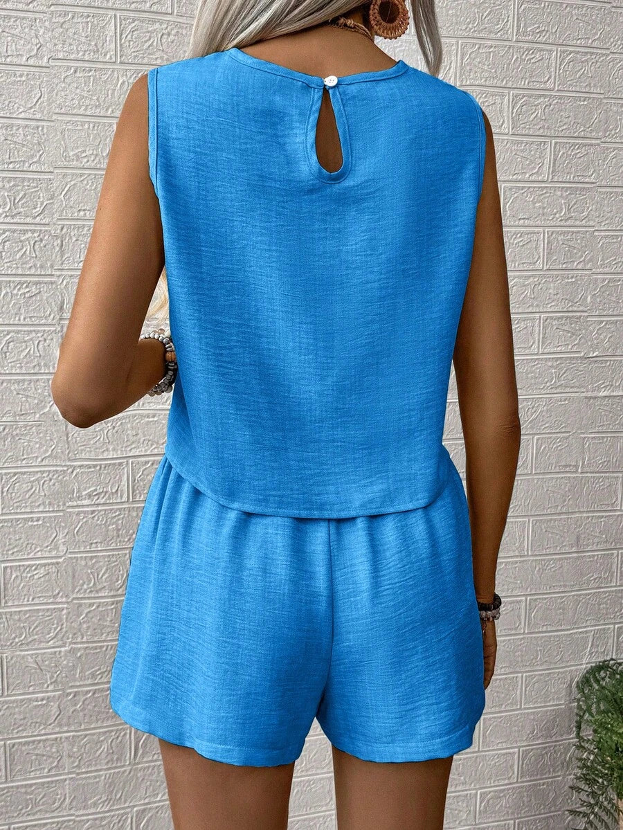 Nora | Solid Button Tank Top & Shorts Two-Piece Set
