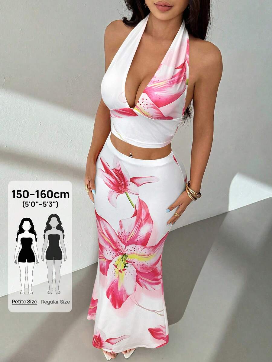 Ella | Tropical Floral Halter Crop Top & Maxi Skirt Two-Piece Set