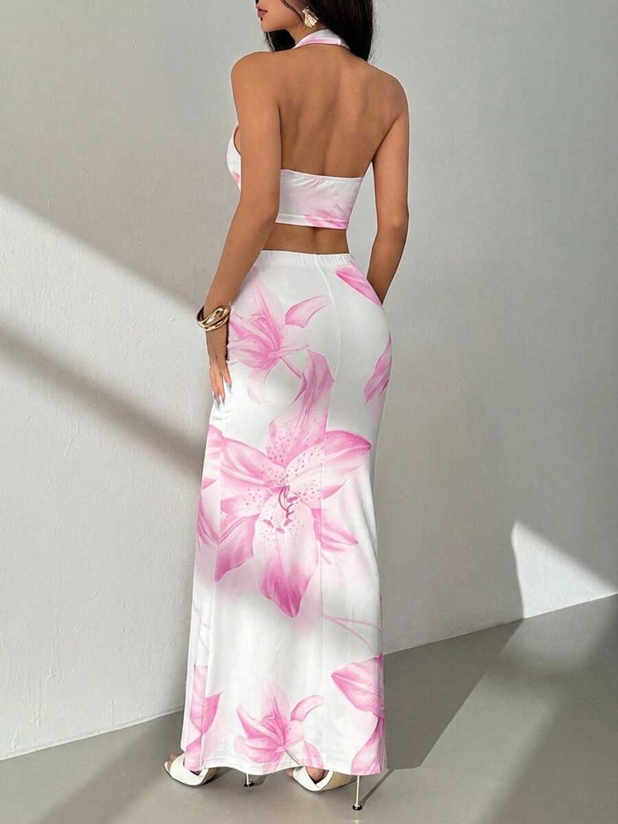 Ella | Tropical Floral Halter Crop Top & Maxi Skirt Two-Piece Set
