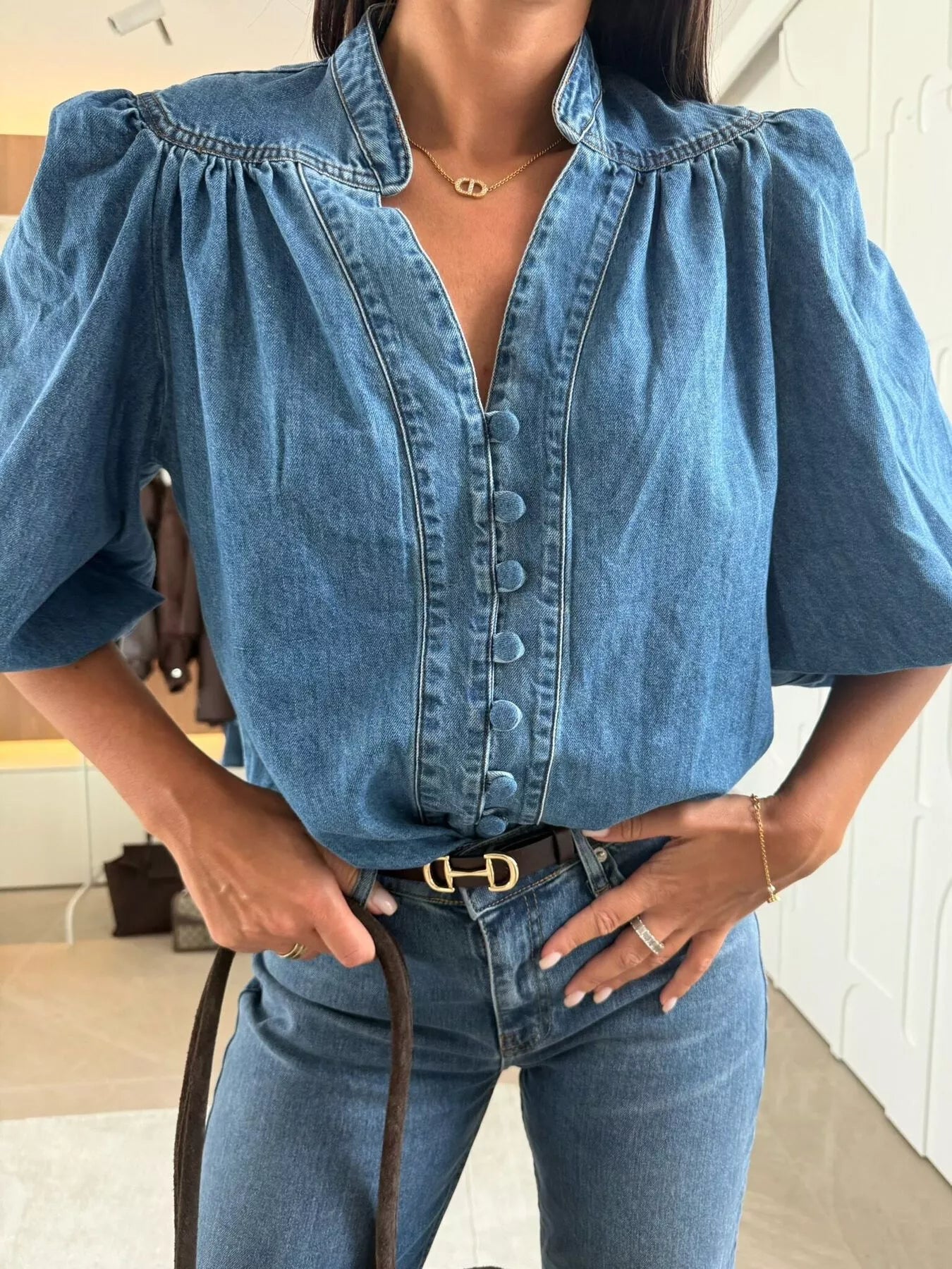 Daphne | Puff Sleeve Denim Blouse
