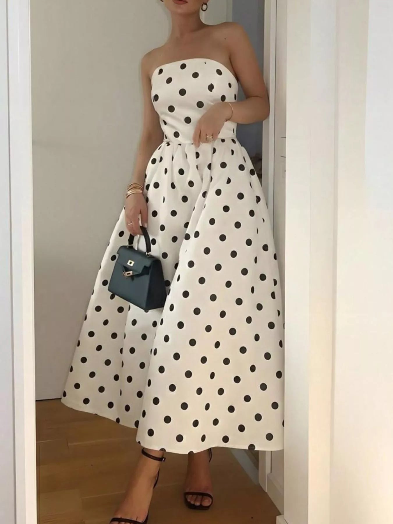 Rosalie | Polka Dot Strapless Midi Dress
