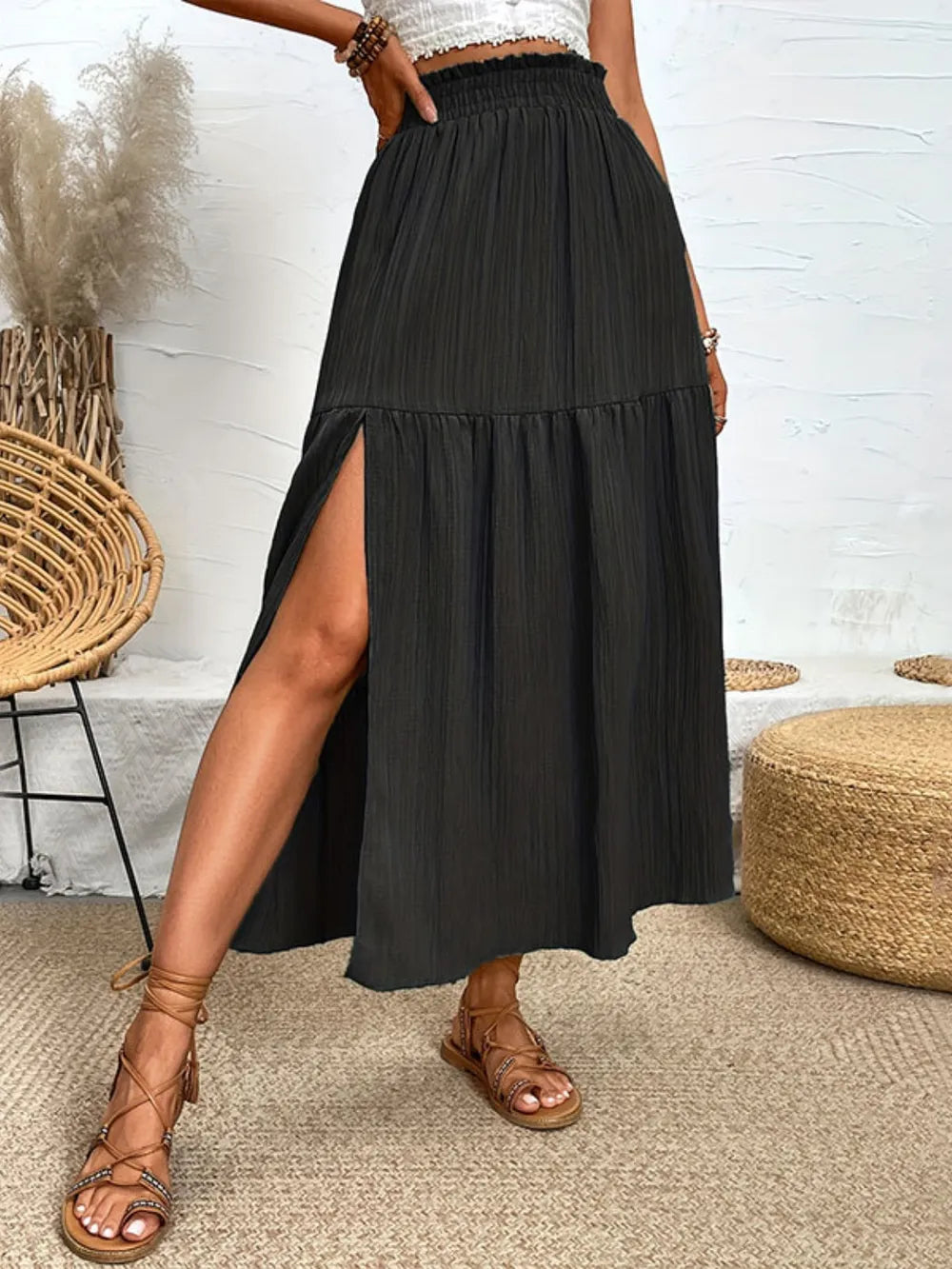 Lila | Tiered High Slit Midi Skirt
