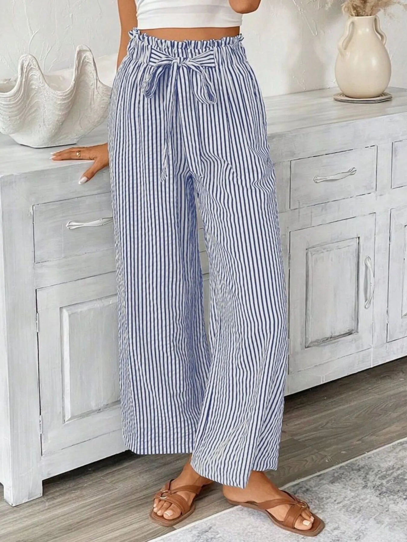 Charlotte | Striped Paperbag Waist Wide Leg Trousers