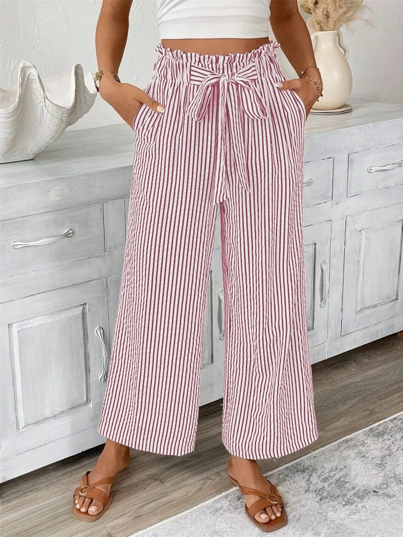 Charlotte | Striped Paperbag Waist Wide Leg Trousers