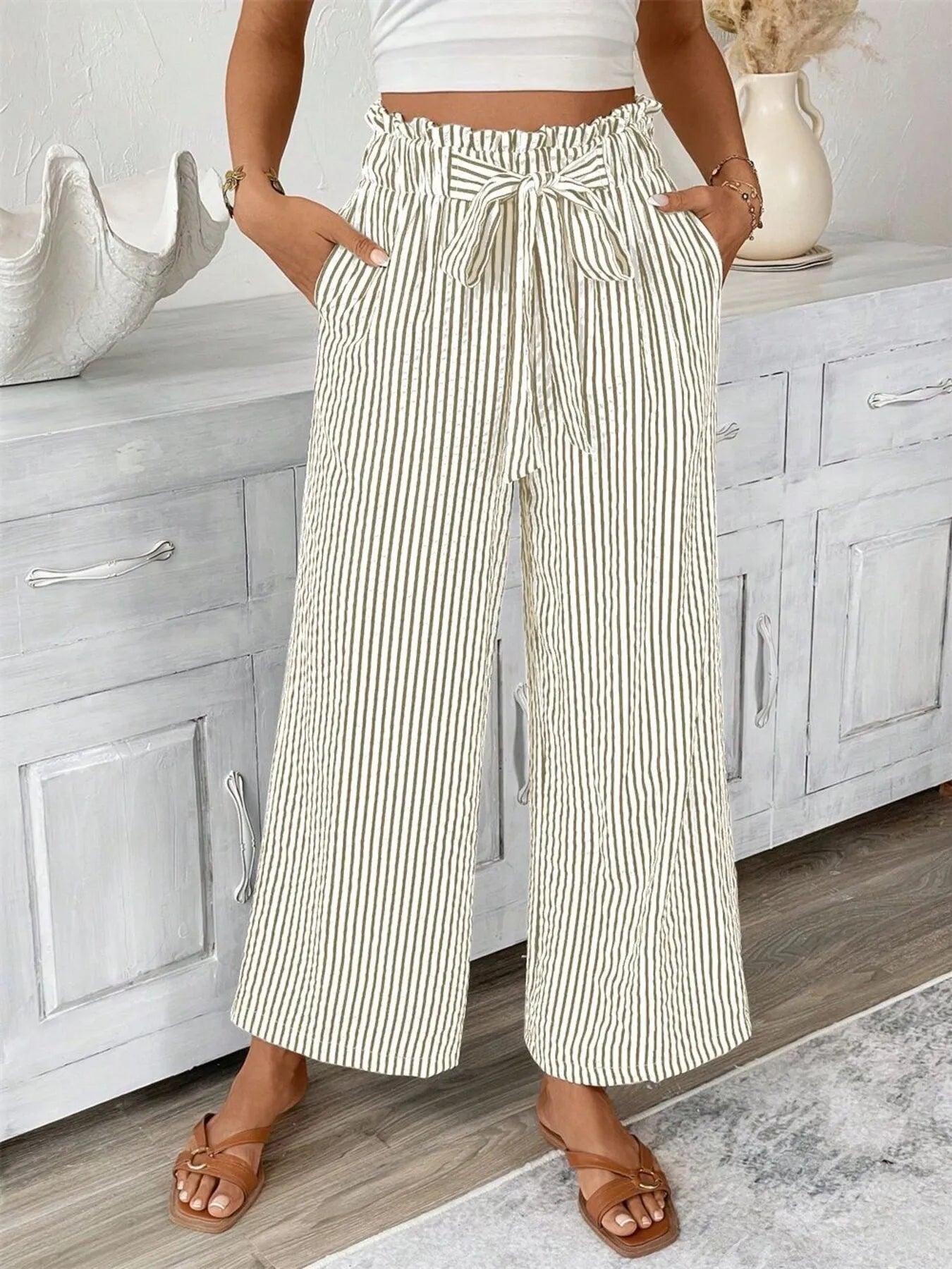 Charlotte | Striped Paperbag Waist Wide Leg Trousers